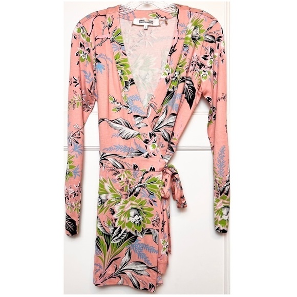 DVF Silk Floral Long Sleeve V-Neck Wrap Style Tie Waist Faux Mini Dress Romper 8 - Picture 5 of 10